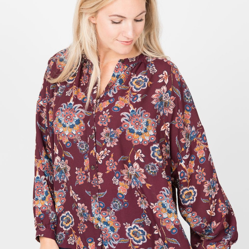 New with Tag Agnes & Dora Peasant Top Button Down Maroon Gold Boho Size Large